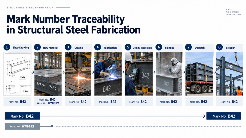 Mark number traceability through structural steel fabrication from shop drawing to erection