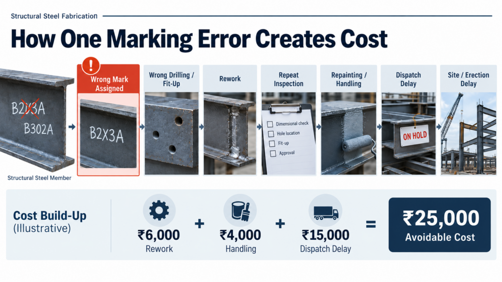 Structural steel marking error leading to rework, inspection, dispatch delay and additional cost